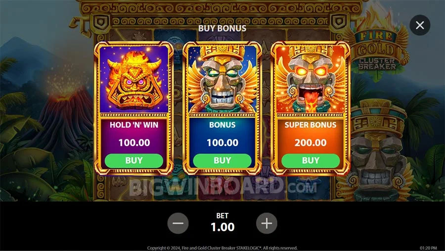 Fire and Gold Cluster Breaker Bonus Buy options.