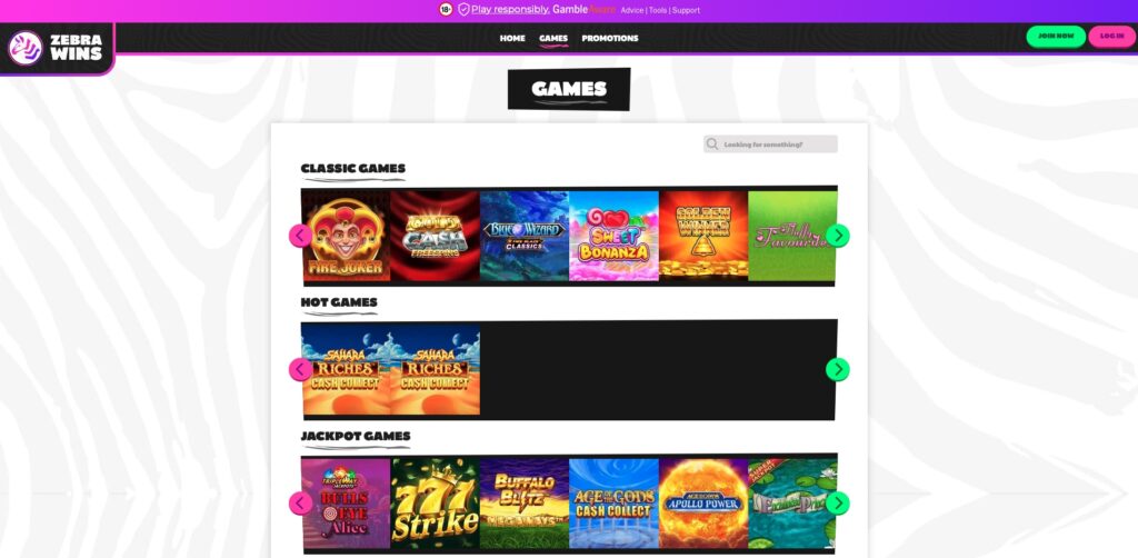 Zebra Wins Casino Games Library