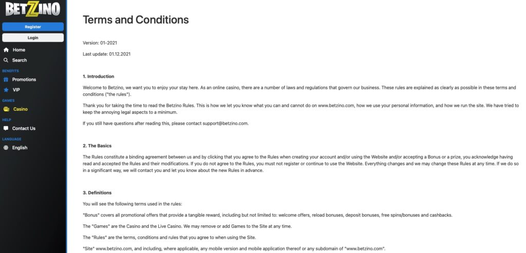 Betzino terms and conditions page