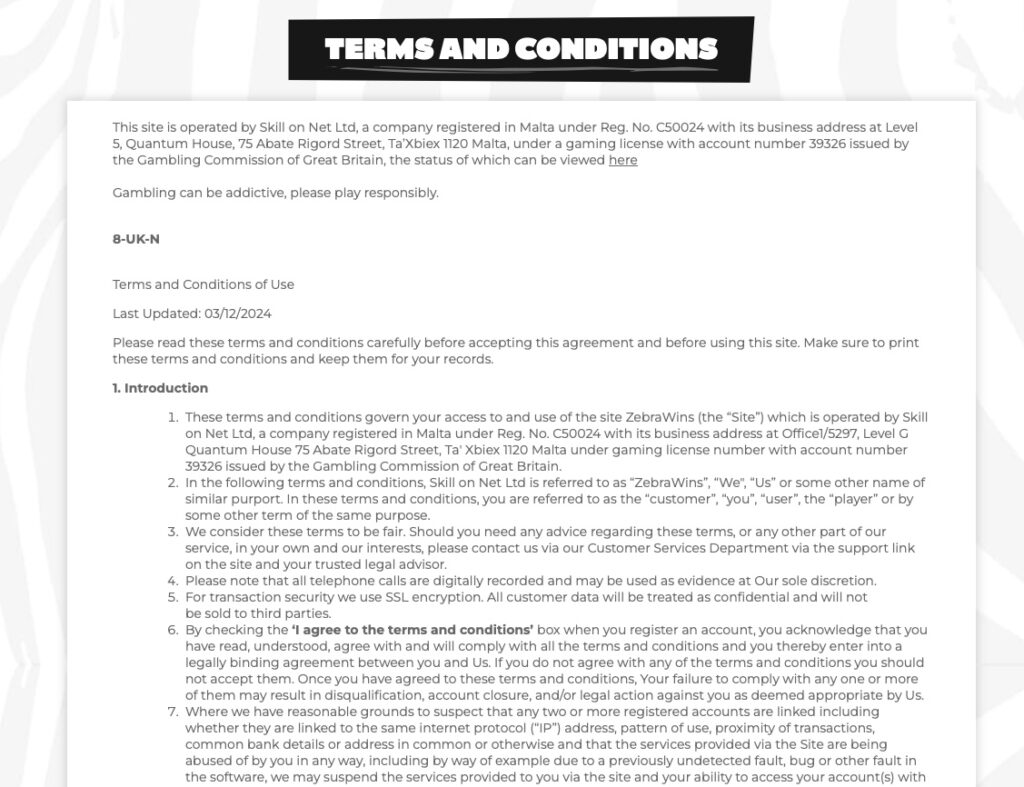 Zebra Wins terms and conditions