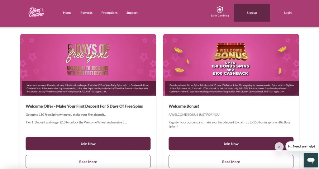 Diva Casino welcome promotions 