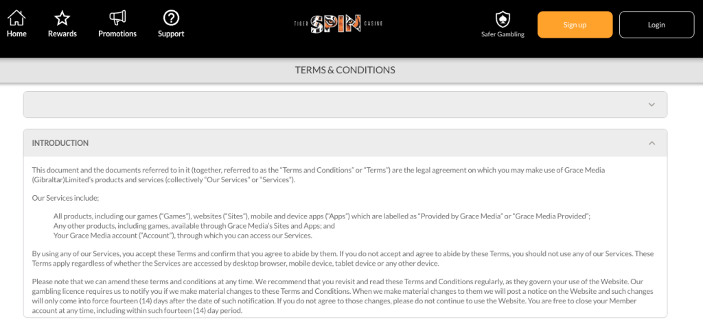 Tiger Spin Casino terms.