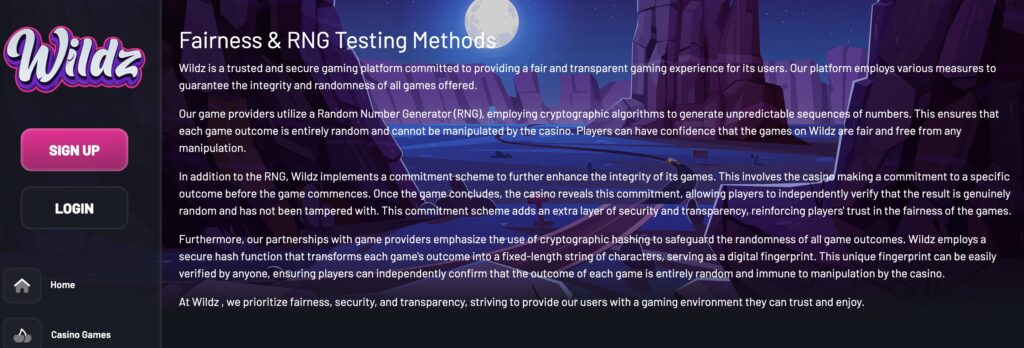 Wildz Casino fairness and RNG testing methods