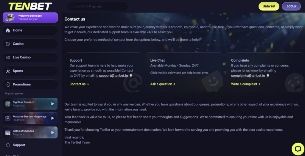 Tenbet support options