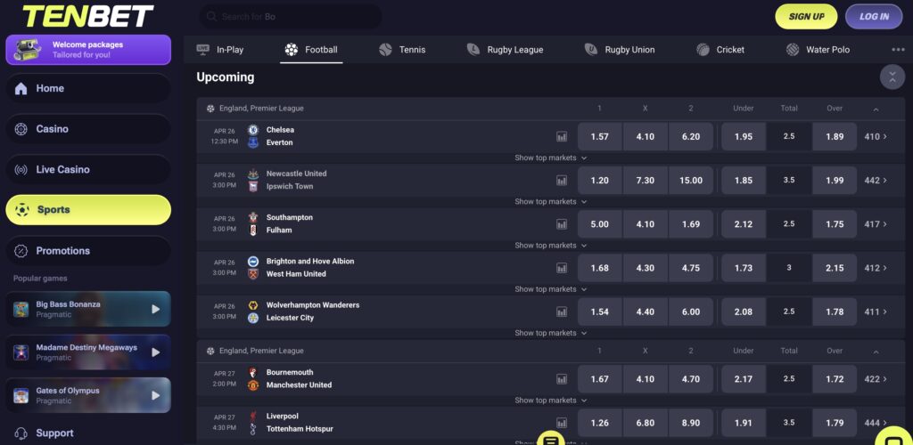 Tenbet sports betting markets