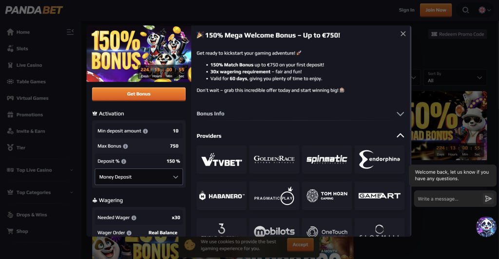 Panda Bet Welcome Bonus.