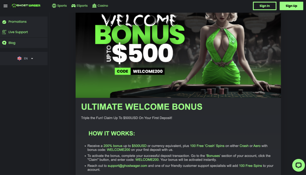 Ghostwager Casino welcome bonus.