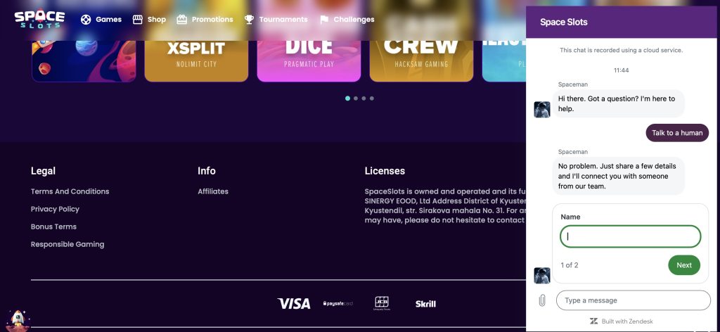 Space Slots customer support