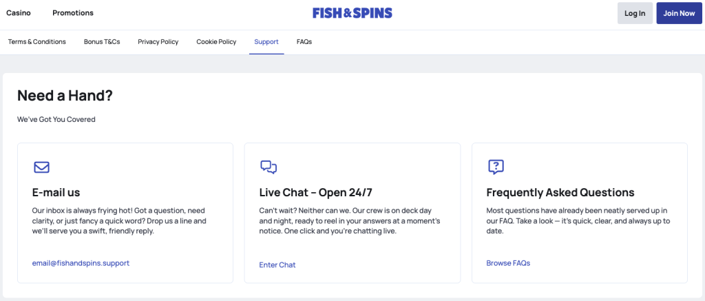 Fish & Spins Casino Contact options.