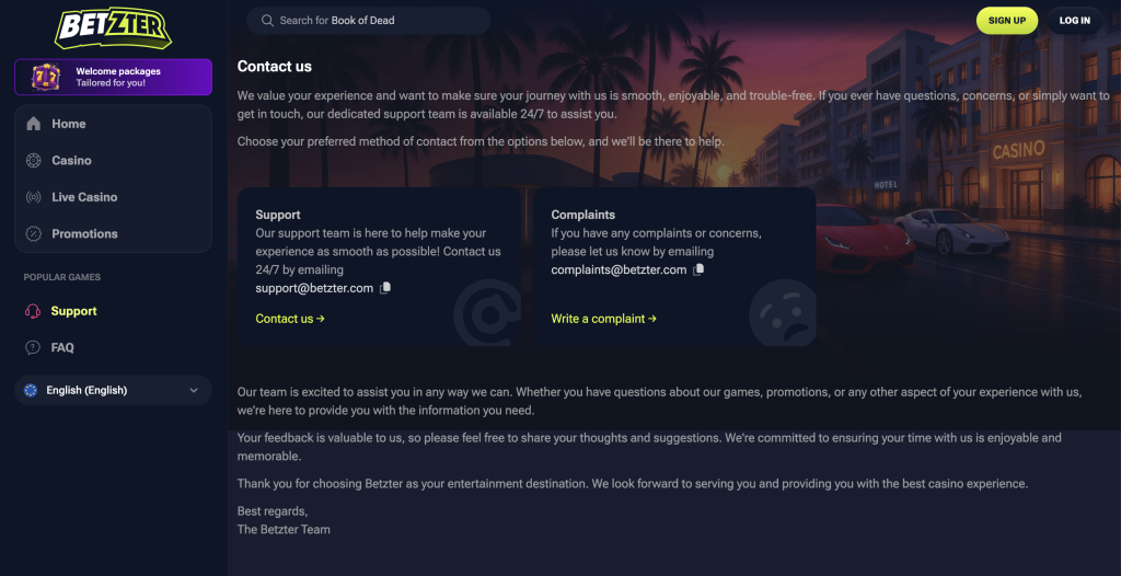 Betzter Casino Contact information.